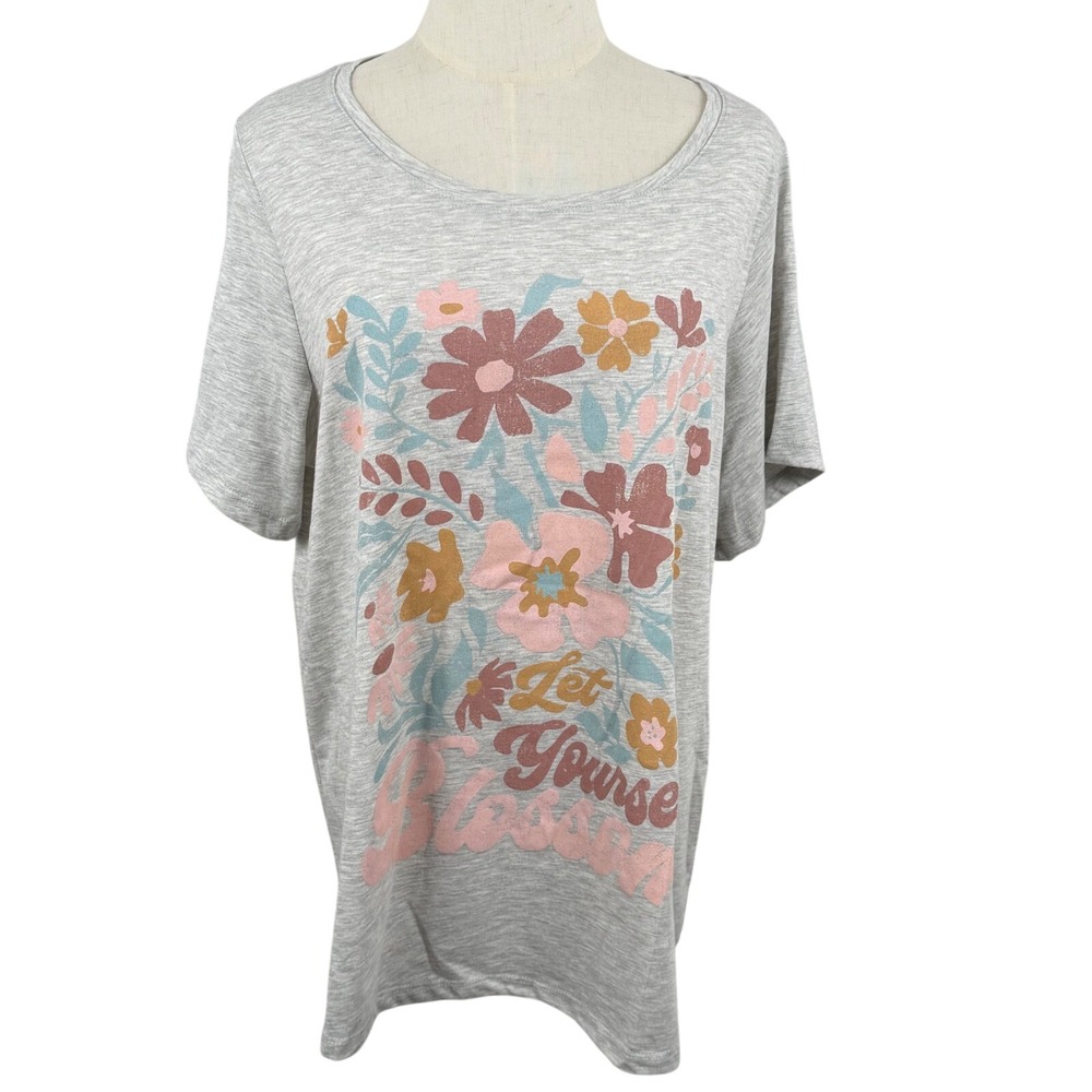 Womens 0X T Shirt Gray Floral Positive Vibes Graphic Boho Soft Cottage Nature